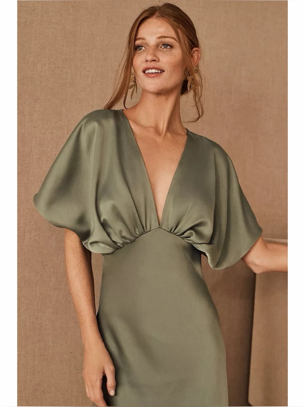 BHLDN Leila Deep V Satin Flutter Sleeve Satin Maxi Dress